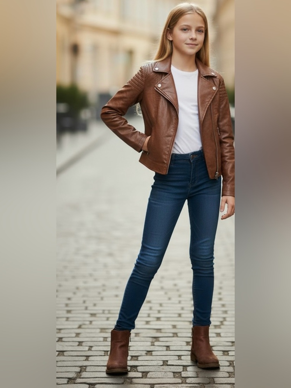 H&M kids girls brown leather moto jacket nwt size 14 - Picture 4 of 13